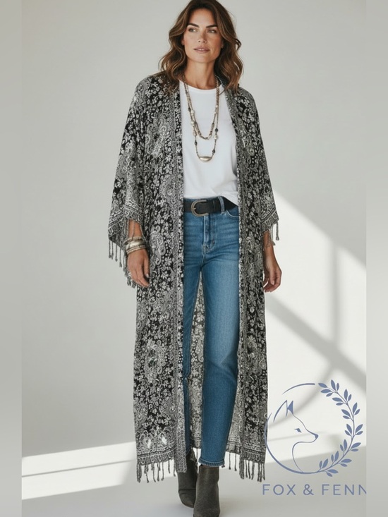 Ashley Taylor Tops - NWT Ashley Taylor Luxe Embroidered‎ Boho Kimono Duster Fringe OS
